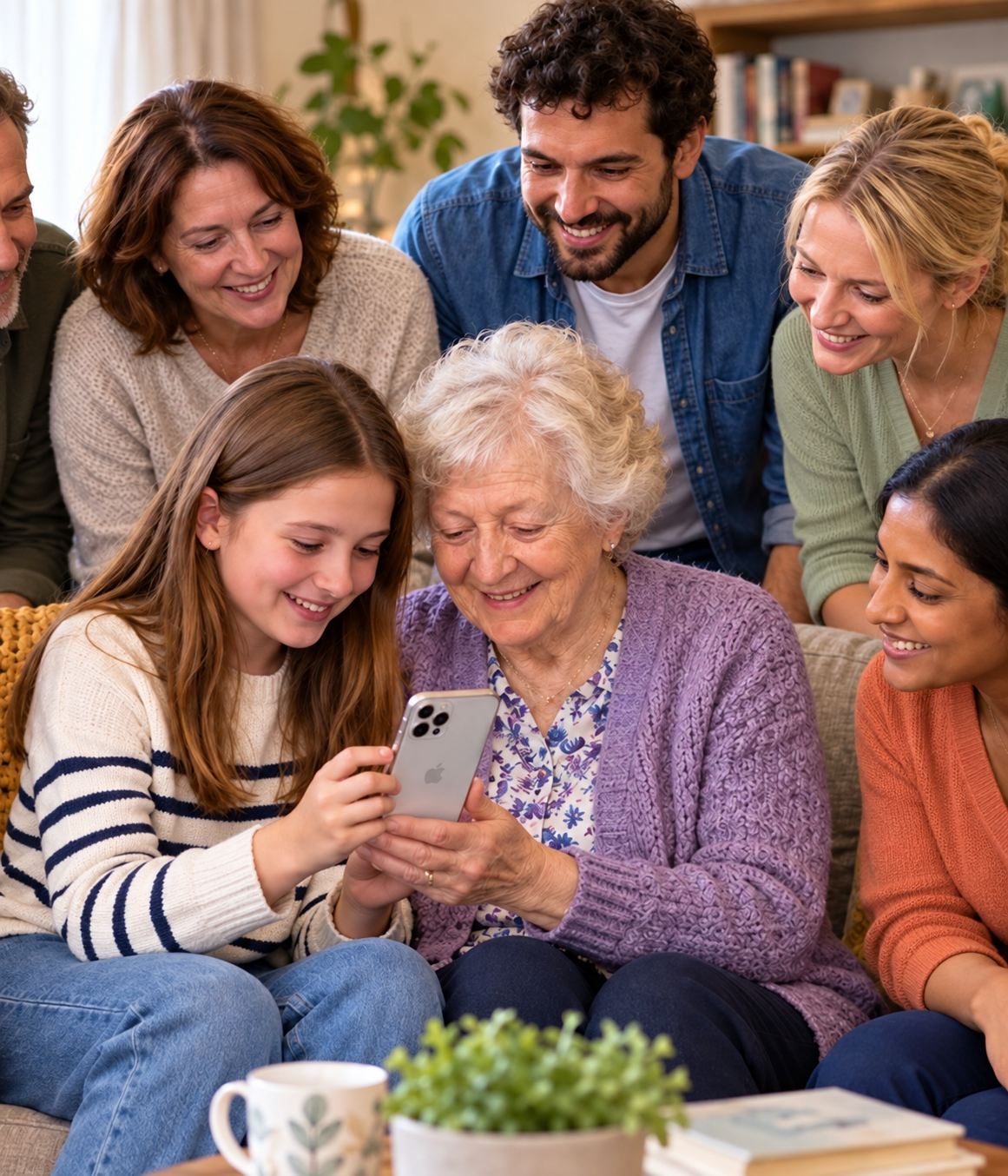 A girl and her grandmother looking at the Storyteller app together, surrounded by family and carers